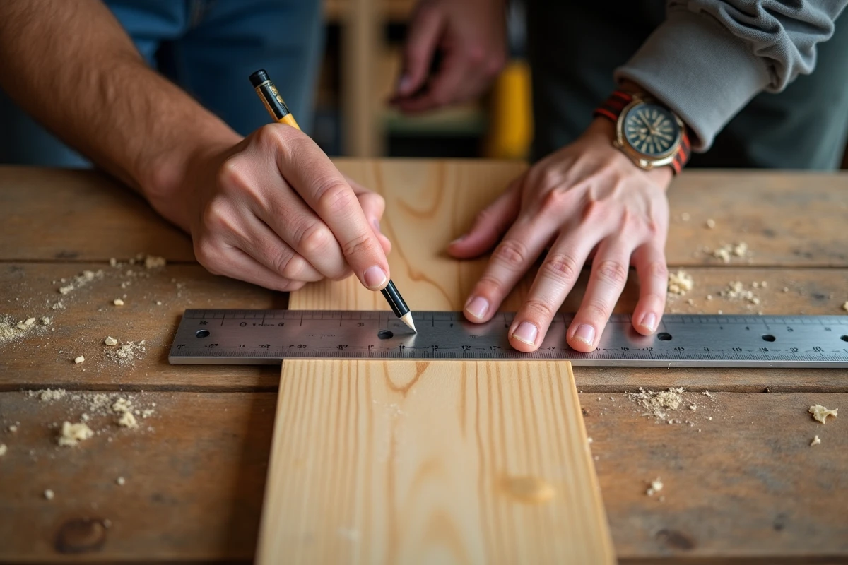 Vue aérienne de mains de formateur et d'élève mesurant une planche en bois ensemble lors d'un atelier cours bricolage débutant