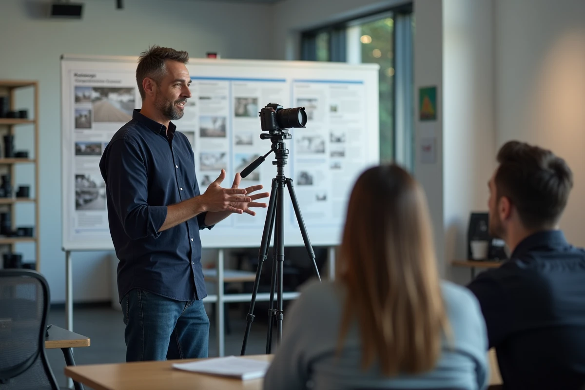Instructeur de photographie donnant un cours en présentiel dans un studio professionnel avec des étudiants adultes