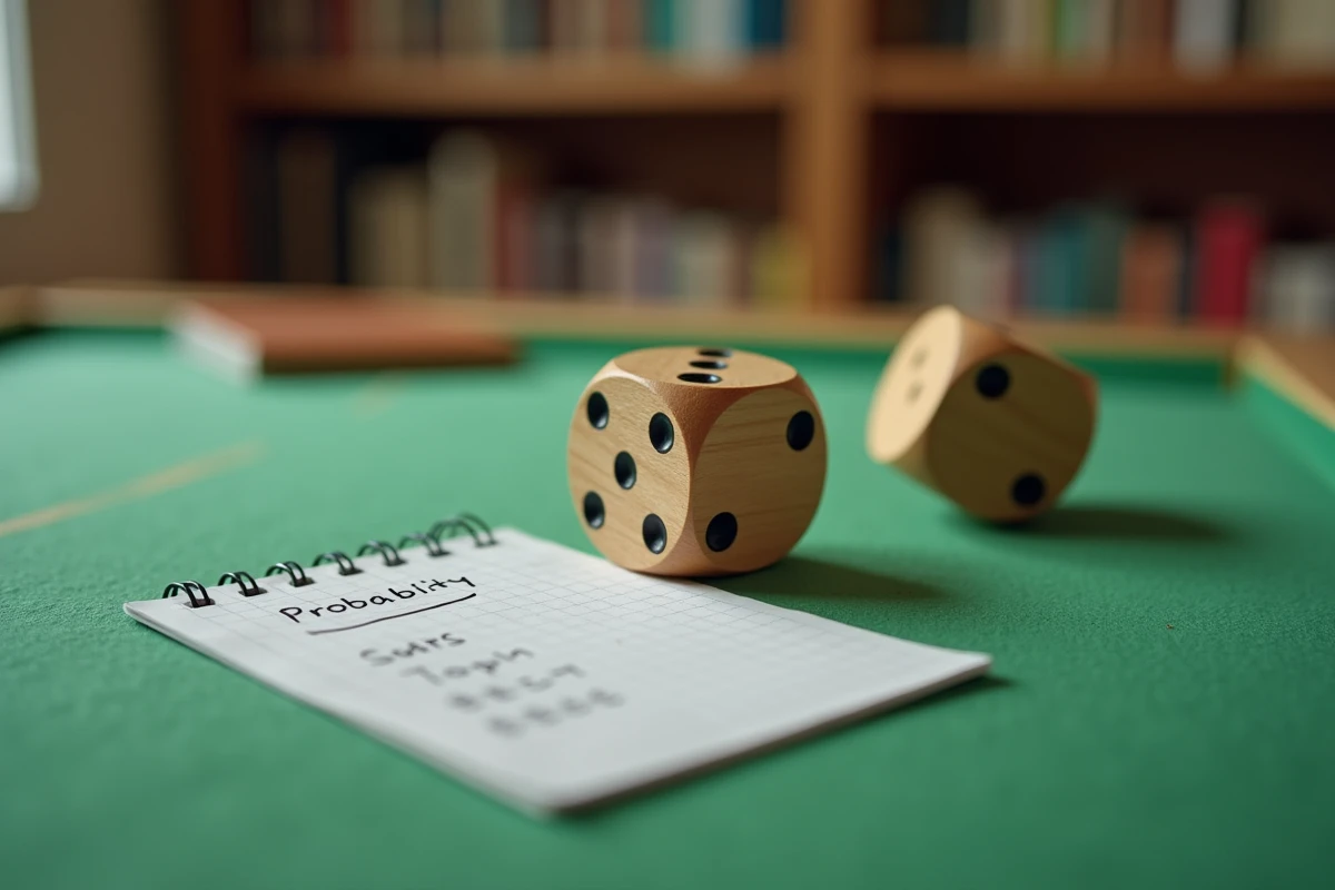 Deux dés en bois sur une table de jeu illustrant l'indépendance des événements probabilistes avec des calculs manuscrits de P(A inter B)