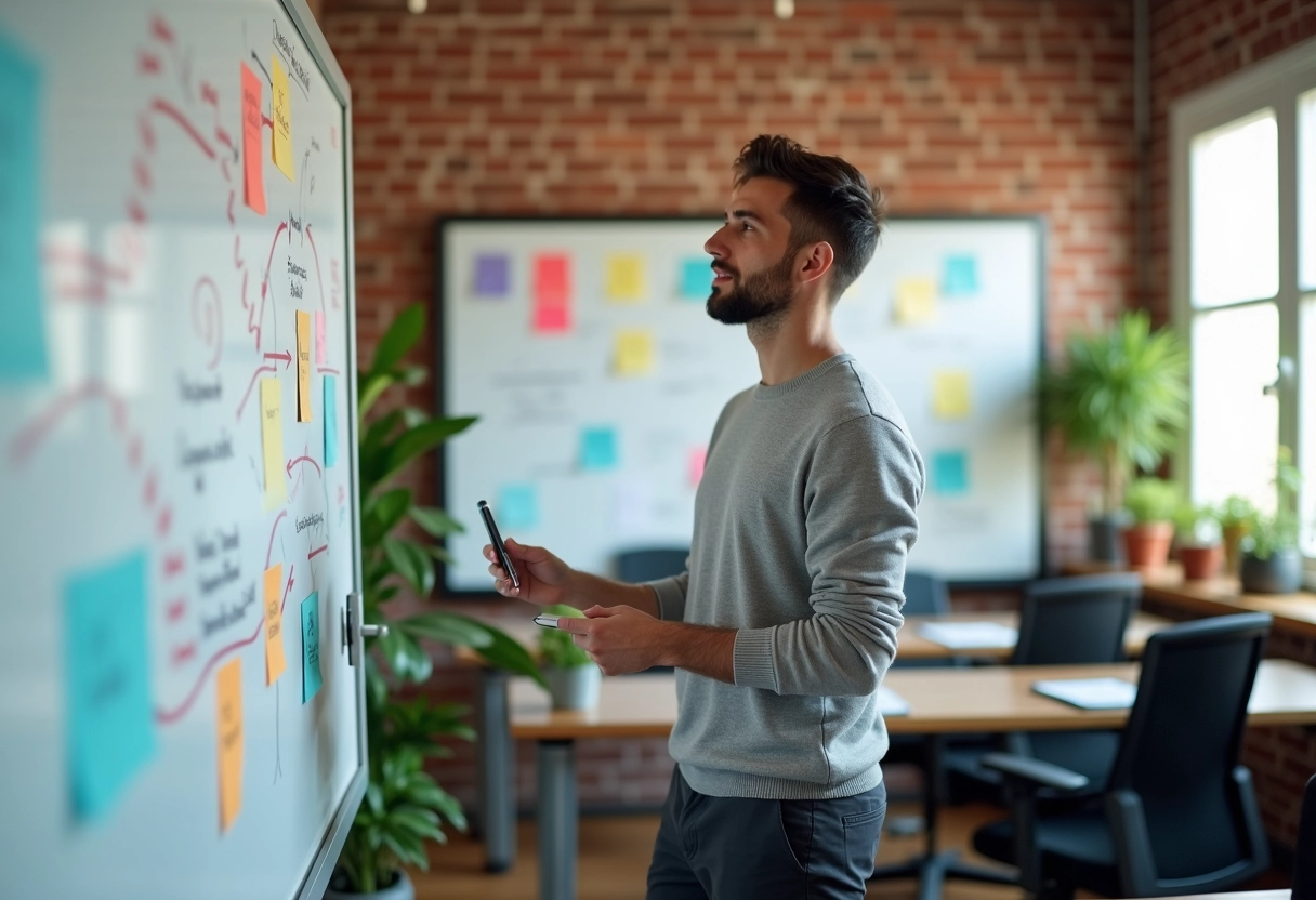 Designer expliquant un diagramme sur un tableau blanc en classe
