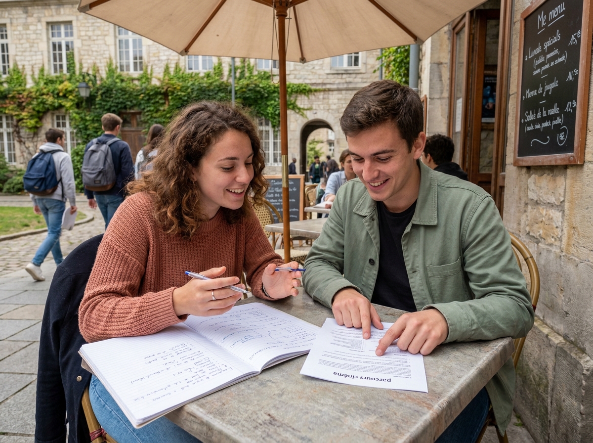 Deux étudiants en cinéma discutant de leur choix entre une formation courte et longue après le bac, attablés en terrasse sur un campus universitaire