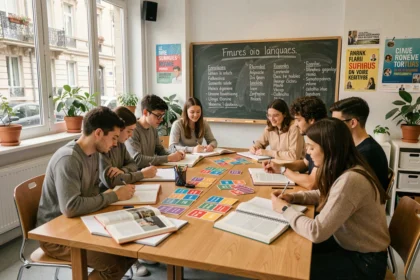 Groupe d'étudiants multilingues dans une école de langues moderne à Lyon, illustrant le top 10 des écoles de langues dans le Rhône