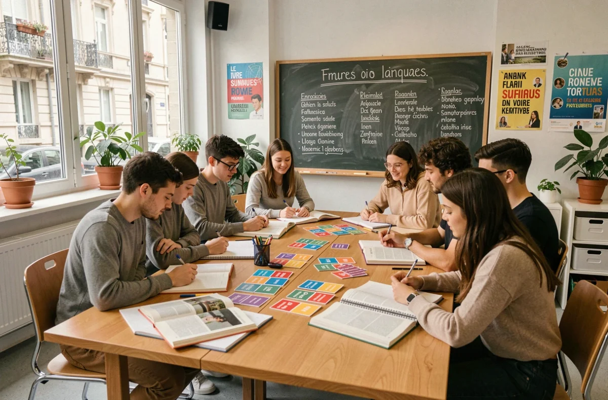 Groupe d'étudiants multilingues dans une école de langues moderne à Lyon, illustrant le top 10 des écoles de langues dans le Rhône