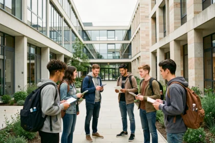 Groupe d'étudiants en ingénierie sur un campus moderne de l'Essonne, illustrant le classement des meilleures écoles d'ingénieurs 2026