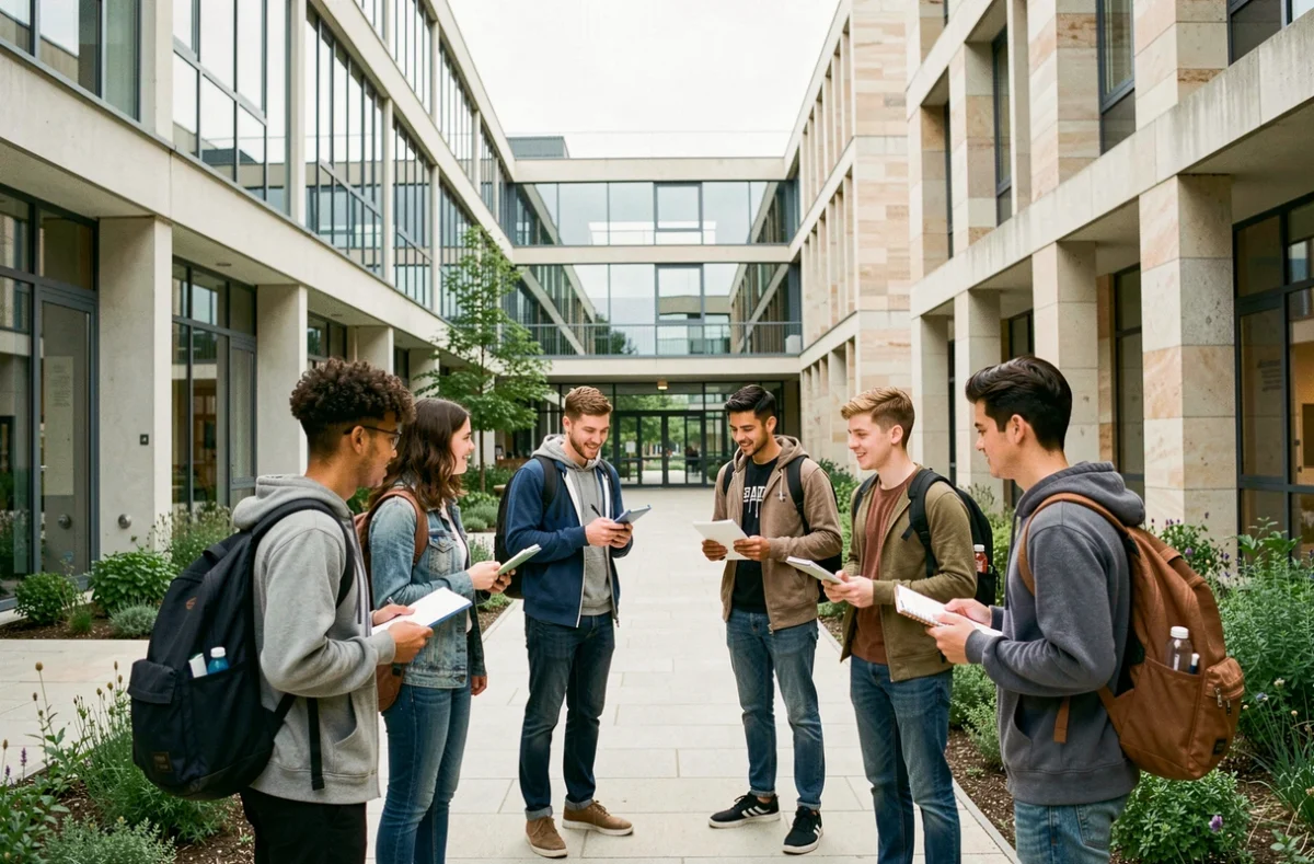 Groupe d'étudiants en ingénierie sur un campus moderne de l'Essonne, illustrant le classement des meilleures écoles d'ingénieurs 2026