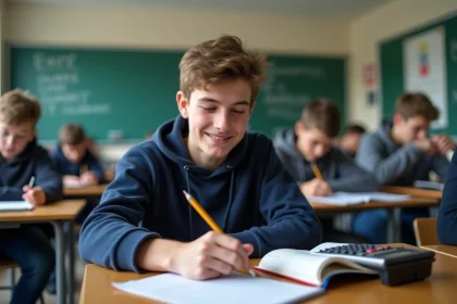 Jeune lyceen calculant ses moyennes en classe