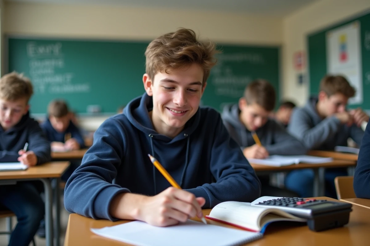 Jeune lyceen calculant ses moyennes en classe