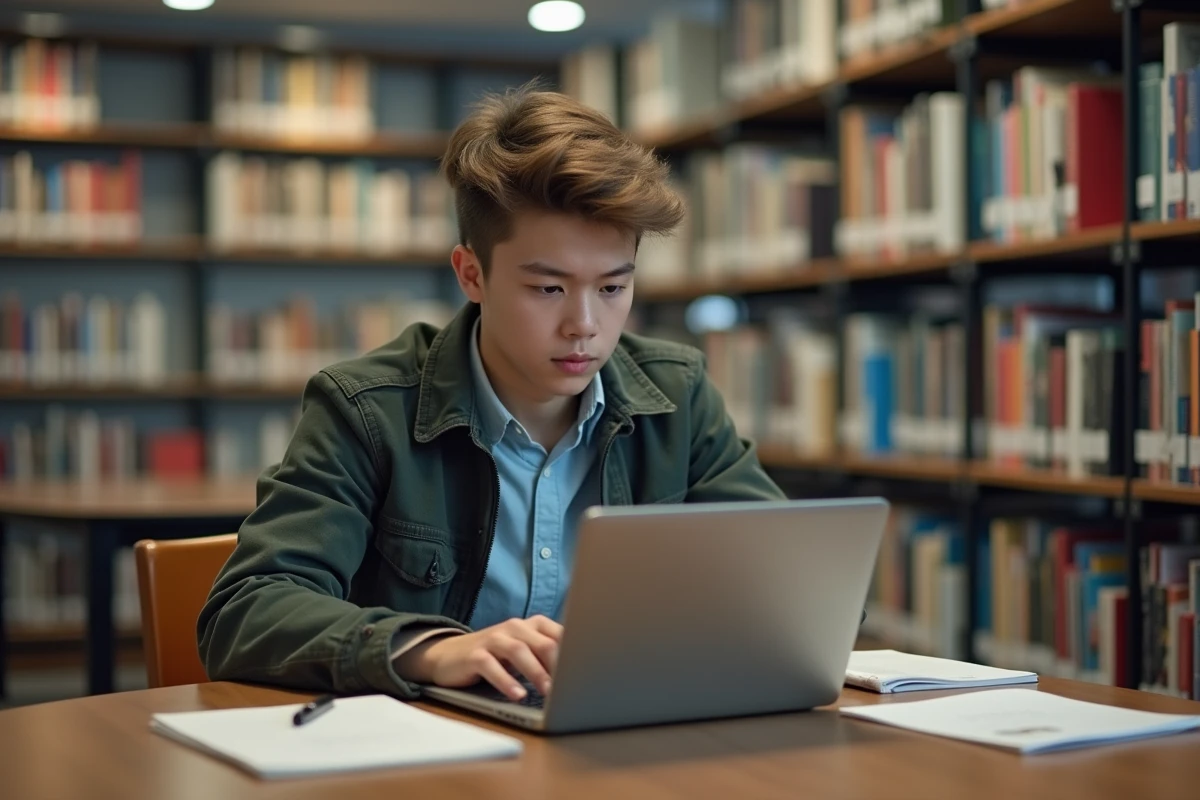 Etudiant au lycée travaillant sur un ordinateur à la bibliothèque