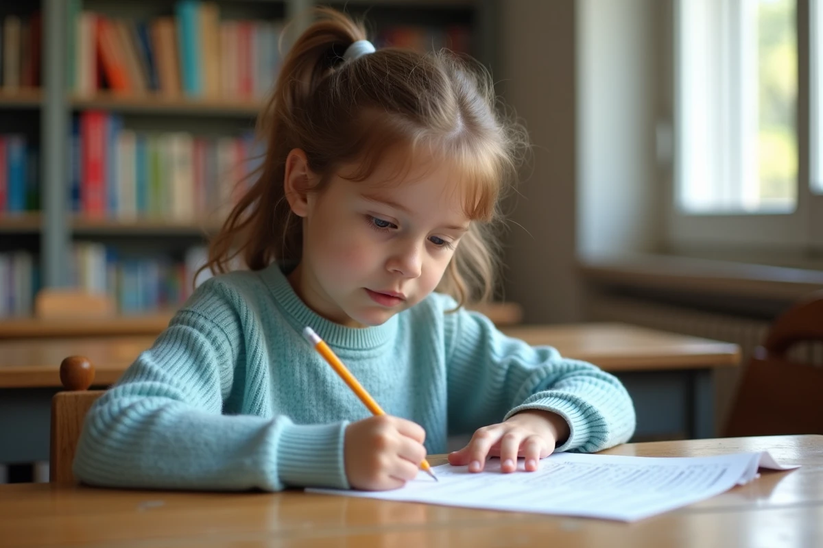 Jeune élève de CE2 remplissant une fiche de lecture imprimée à son bureau en classe