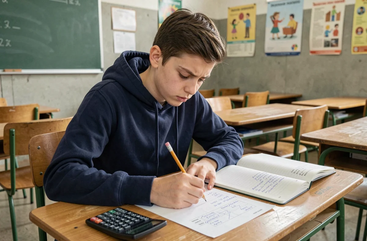 Élève de collège concentré sur une fiche de notes du brevet avec calculatrice et cahier ouvert, simulateur contrôle continu brevet 2026