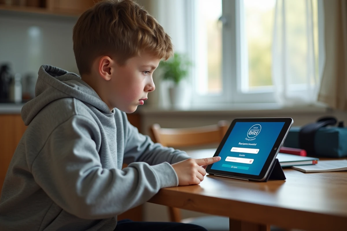 Élève de collège utilisant une tablette pour se connecter au portail ENT Loire depuis chez lui