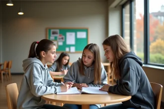 Élèves du collège travaillant ensemble autour d'une table dans un espace commun moderne