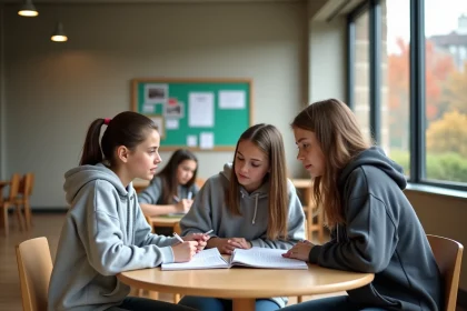 Élèves du collège travaillant ensemble autour d'une table dans un espace commun moderne
