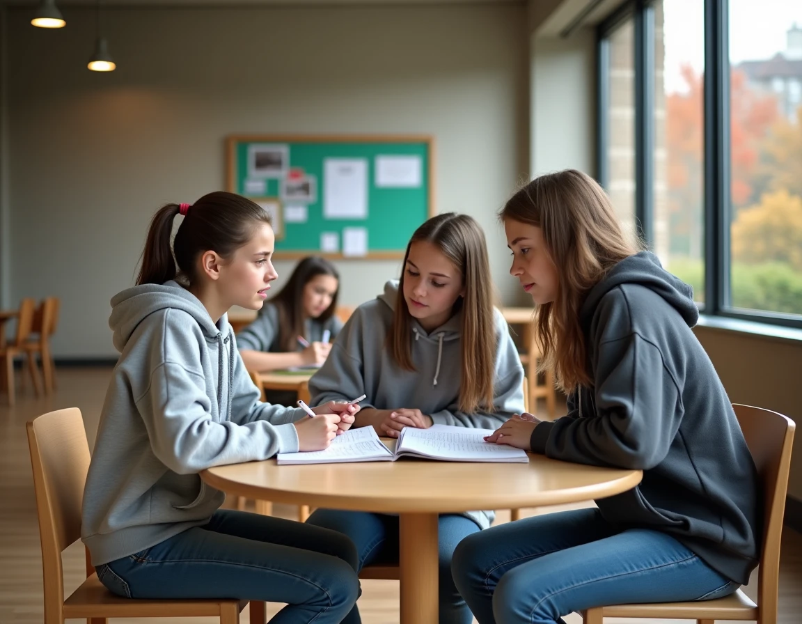 Élèves du collège travaillant ensemble autour d'une table dans un espace commun moderne