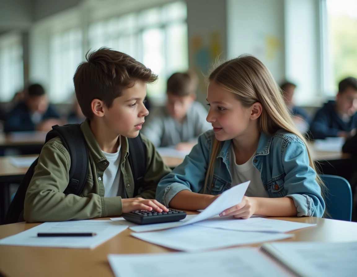 Deux collégiens comparant leurs résultats de contrôle continu du Brevet dans une cafétéria scolaire