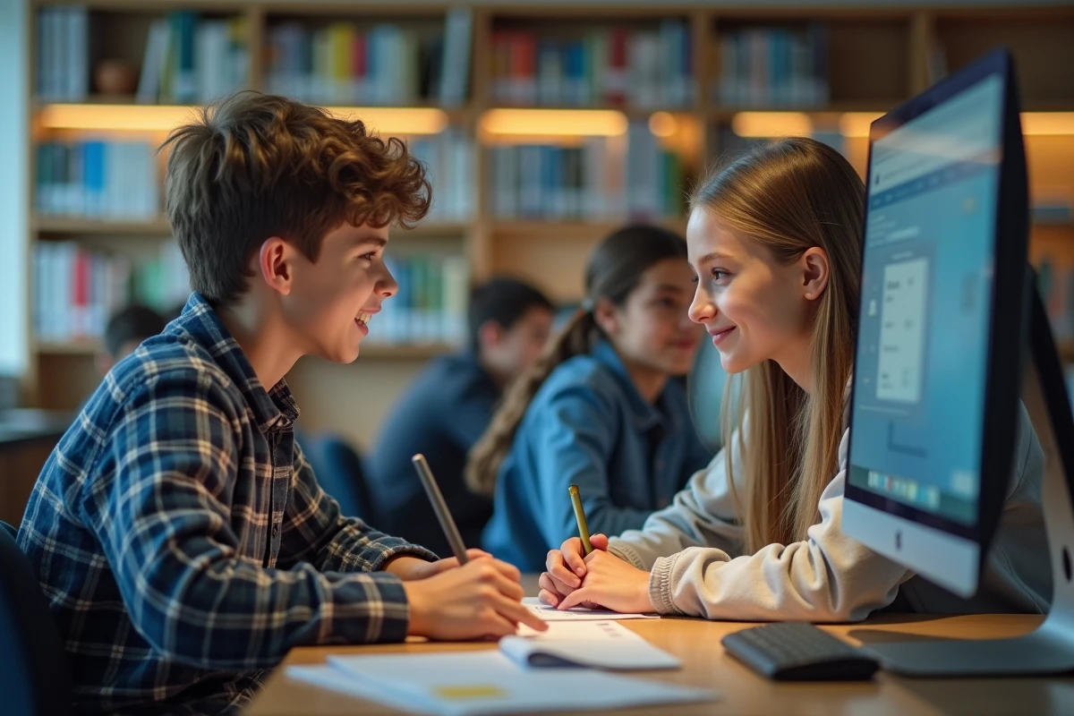 Deux lycéens travaillant ensemble sur l'ENT dans la médiathèque de leur lycée