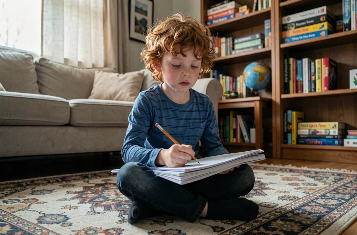 Enfant peu concentré sur ses exercices scolaires posés sur ses genoux dans un salon familial, représentant les difficultés d'engagement dans une approche d'apprentissage alternative