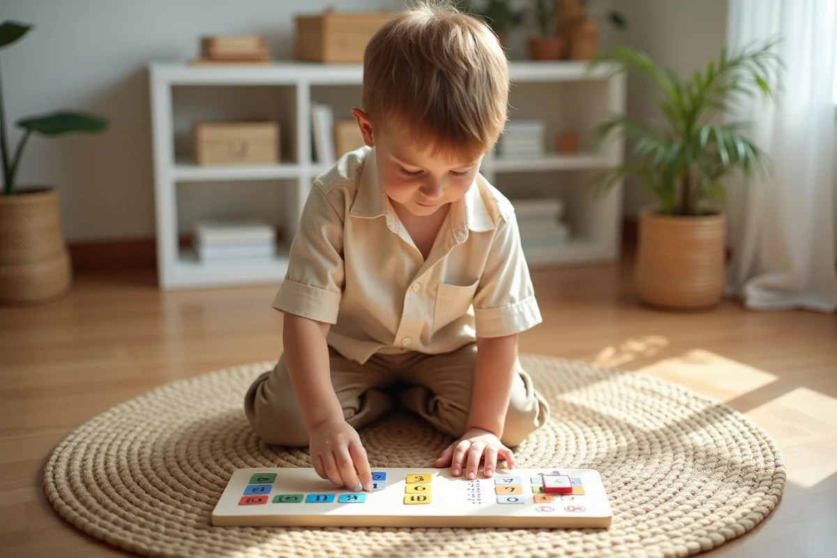 Enfant jouant seul avec un plateau de multiplication Montessori sur un tapis en jute dans un coin lecture à la maison