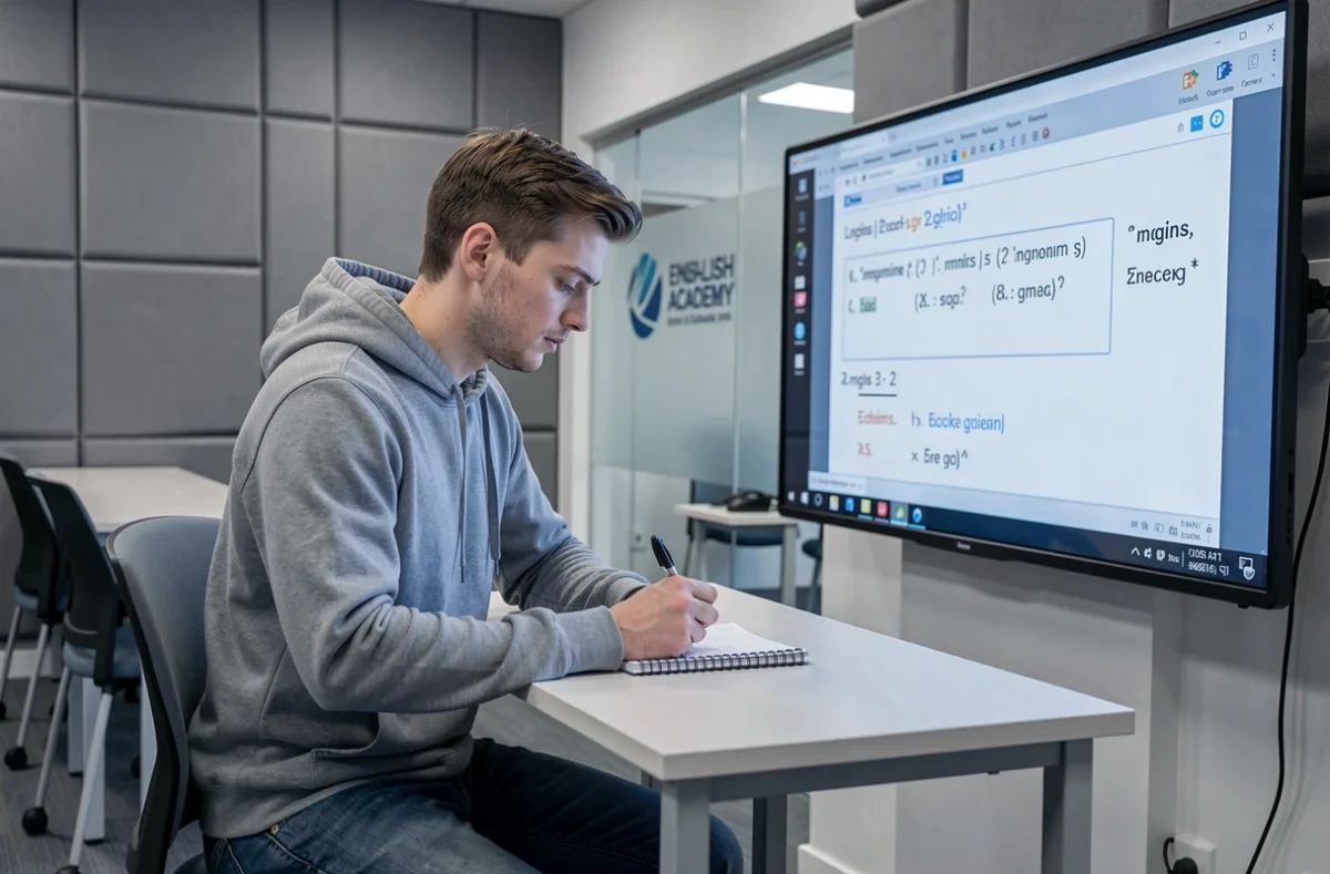 Étudiant adulte en cours d'anglais interactif dans les locaux modernes de l'English Academy à Lyon