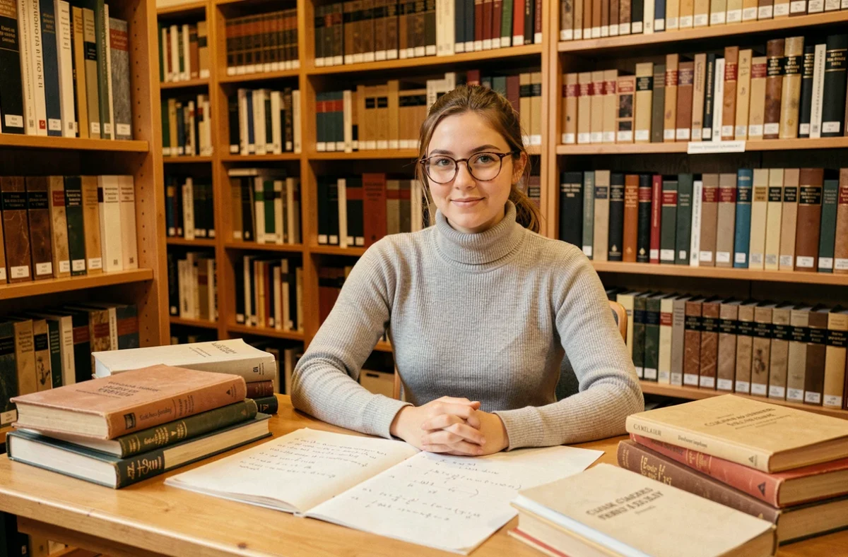 Étudiante de l'ENS Paris-Saclay étudiant dans une salle de lecture entourée de livres scientifiques à Gif-sur-Yvette