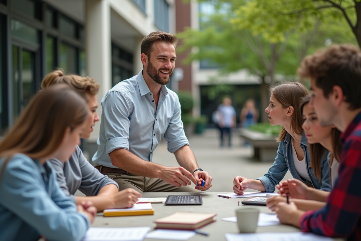 Professeur montrant une expérience en plein air à des élèves