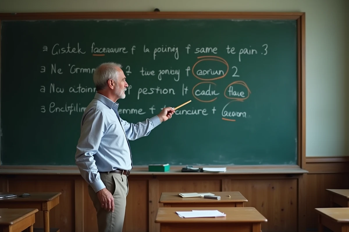 Enseignant expliquant des règles de ponctuation devant un tableau noir en salle de classe