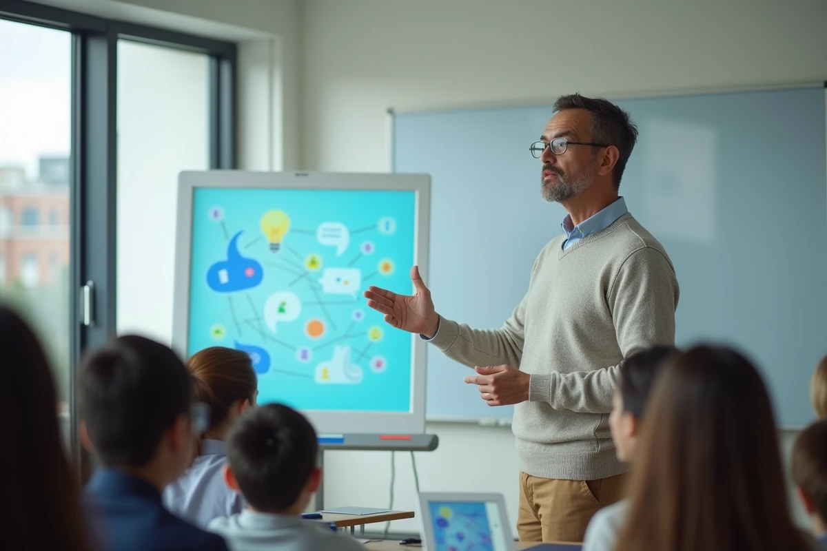 Enseignant présentant une plateforme en ligne en classe moderne