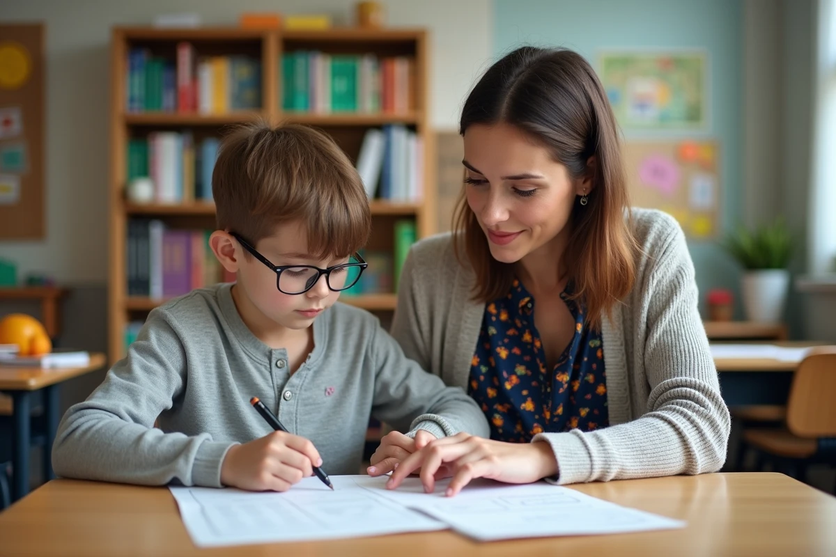 Enseignante et élève lisant un devoir en classe