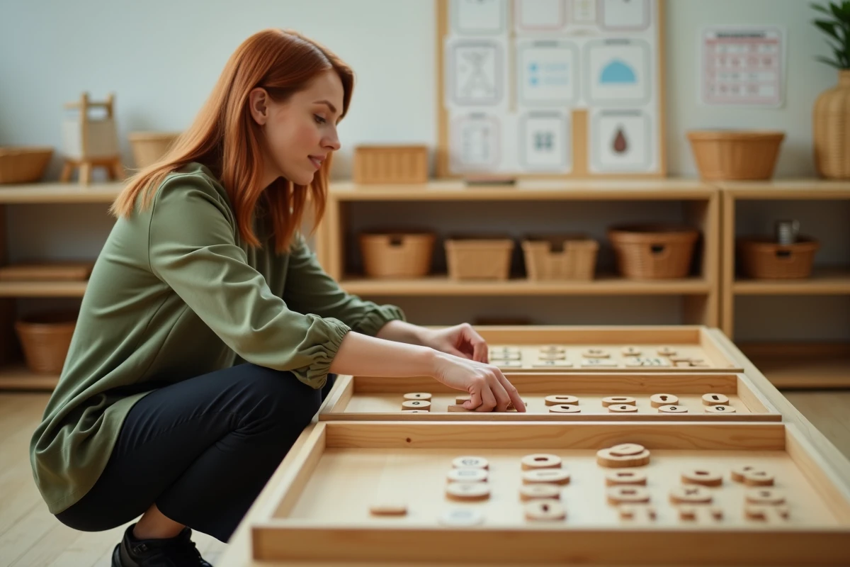 Enseignante Montessori préparant des plateaux de jeu sur les tables de multiplication pour un atelier autonome en classe