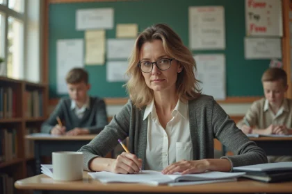 Professeure assise à son bureau en classe