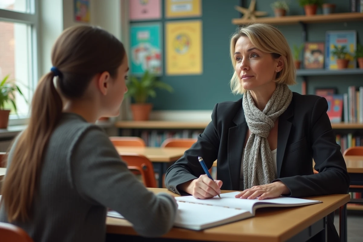 Une femme mentor explique des notes à une adolescente en classe moderne