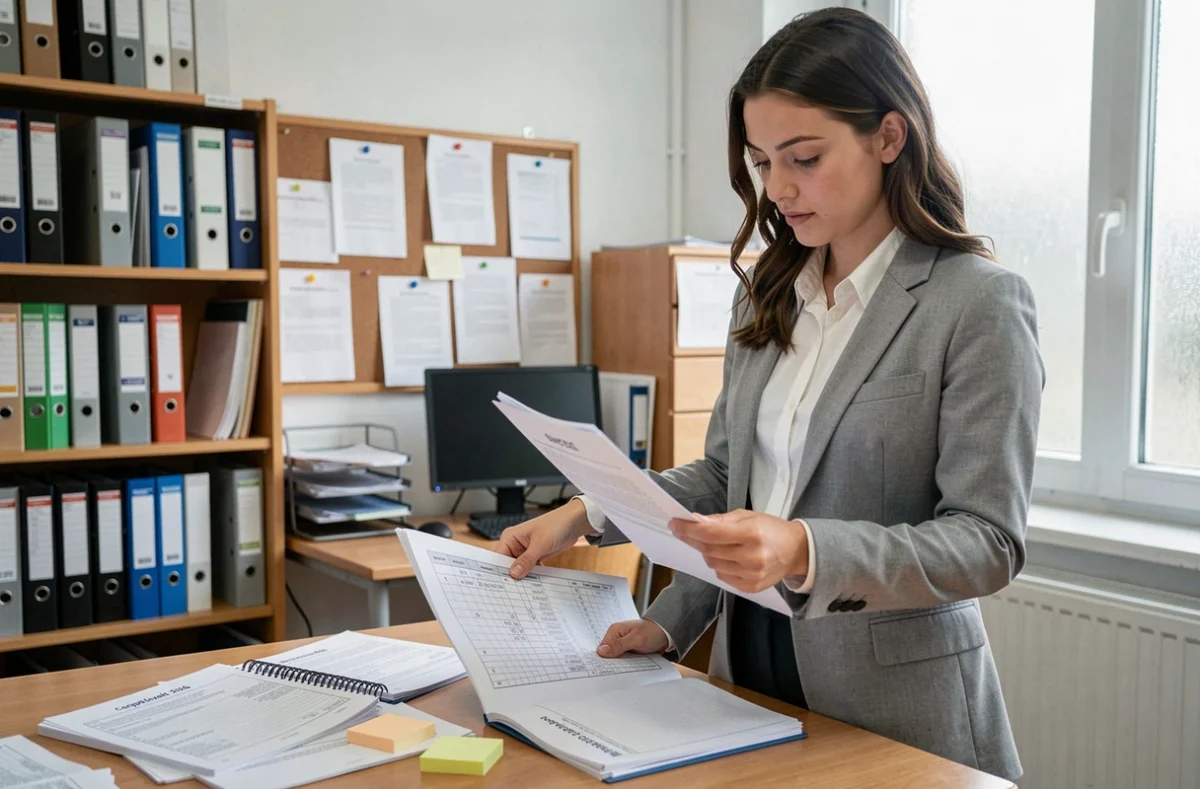 Enseignante consultant un tableau de coefficients et de notes pour le brevet 2026 contrôle continu dans un bureau scolaire
