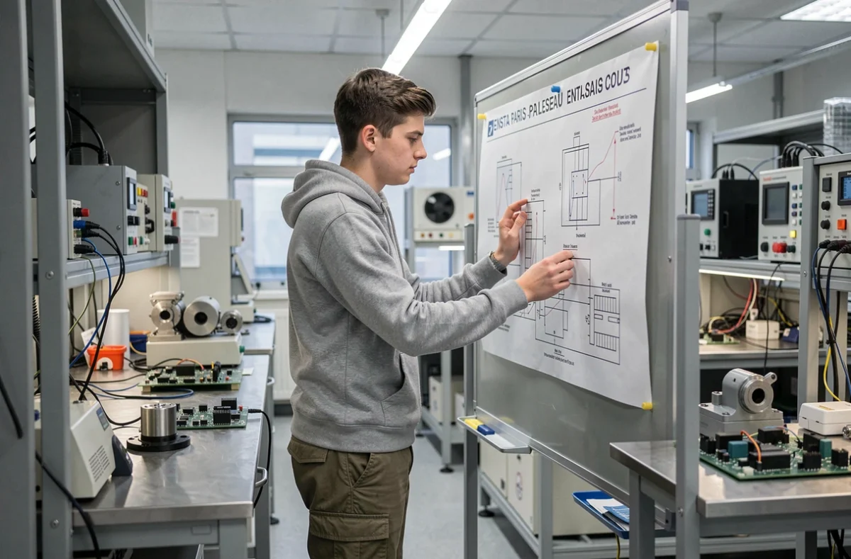 Étudiant examinant un schéma technique dans un laboratoire de l'ENSTA Paris à Palaiseau