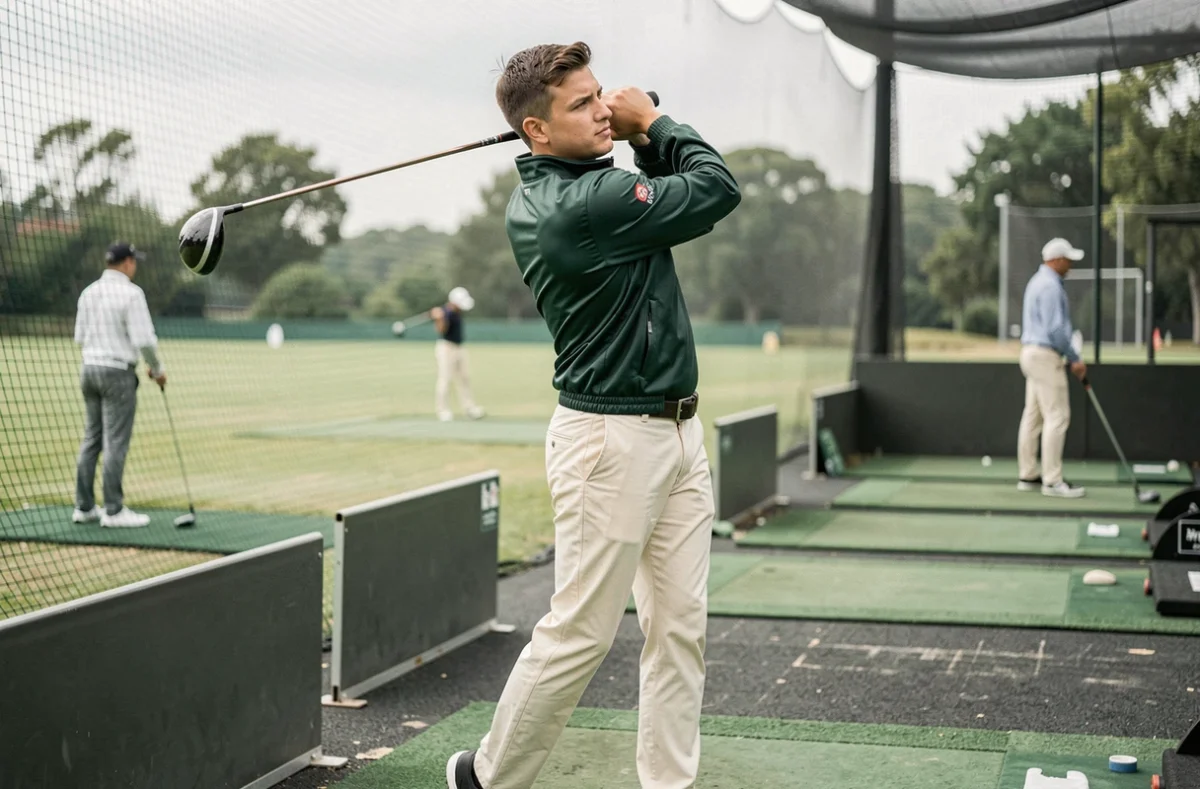Jeune golfeur s'entraînant au practice avec un driver pour préparer sa carte verte