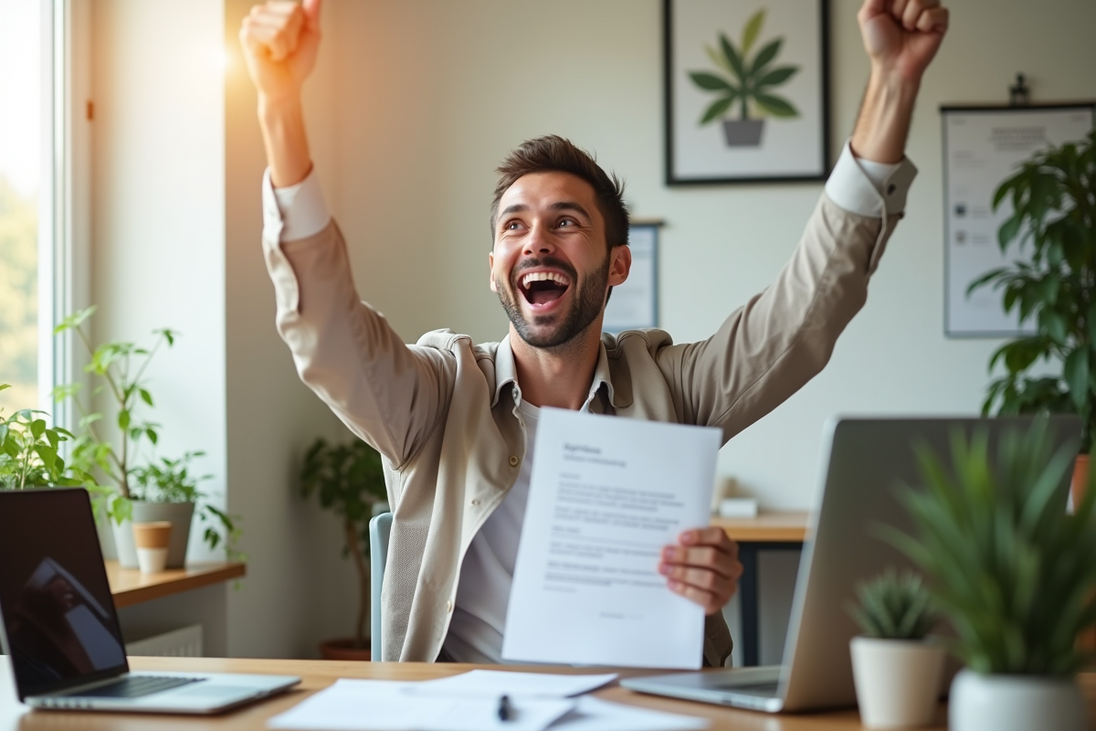 Entrepreneur heureux dans un bureau à domicile avec contrat