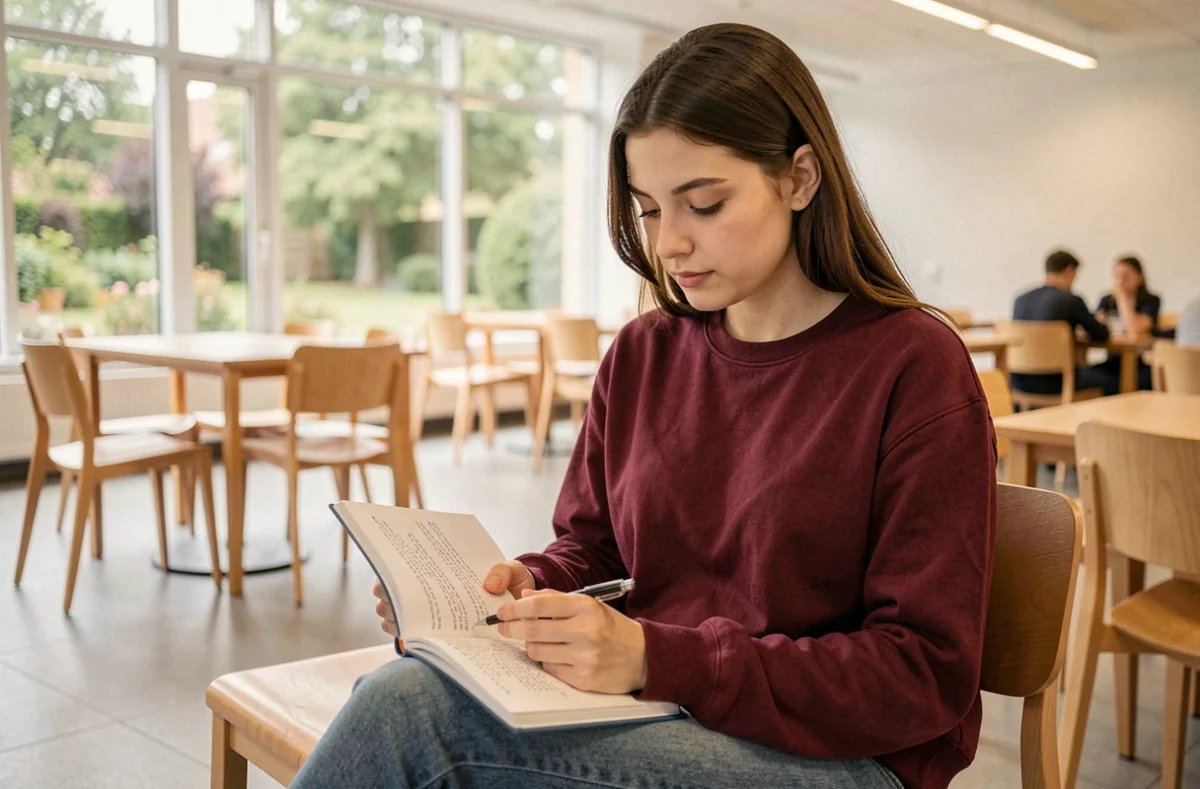 Étudiante de l'EPF révisant ses cours dans l'espace commun moderne du campus de Sceaux