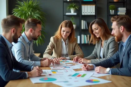 Groupe de professionnels discutant de graphiques et emballages