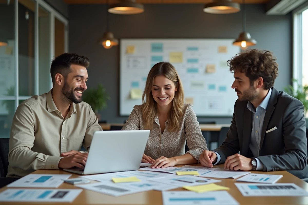 Équipe marketing réunie autour d'une table discutant d'une stratégie d'emailing et de logiciel newsletter