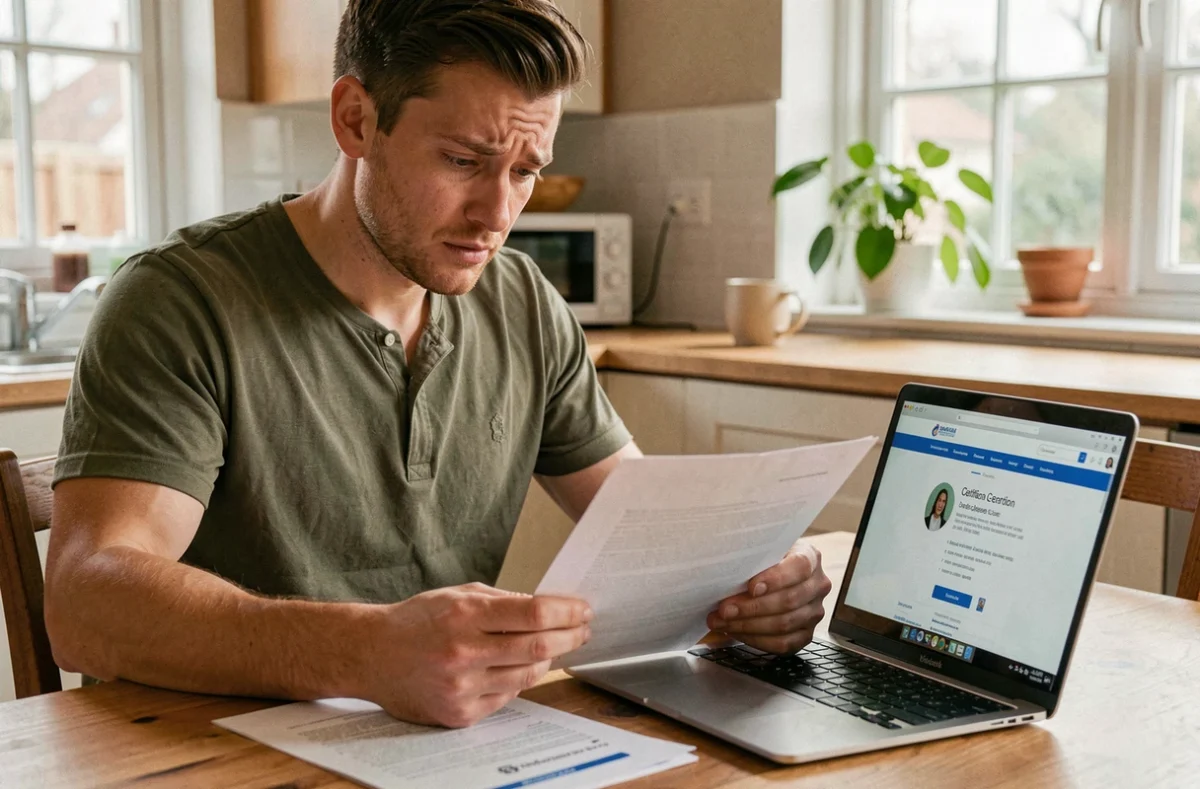 Jeune homme consultant des documents officiels de certification RNCP et un site gouvernemental sur son ordinateur portable à la maison