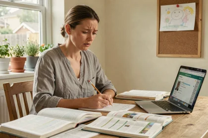 Mère supervisant l'apprentissage à domicile avec des manuels scolaires et un ordinateur portable sur la table de cuisine, illustrant les défis de l'enseignement alternatif