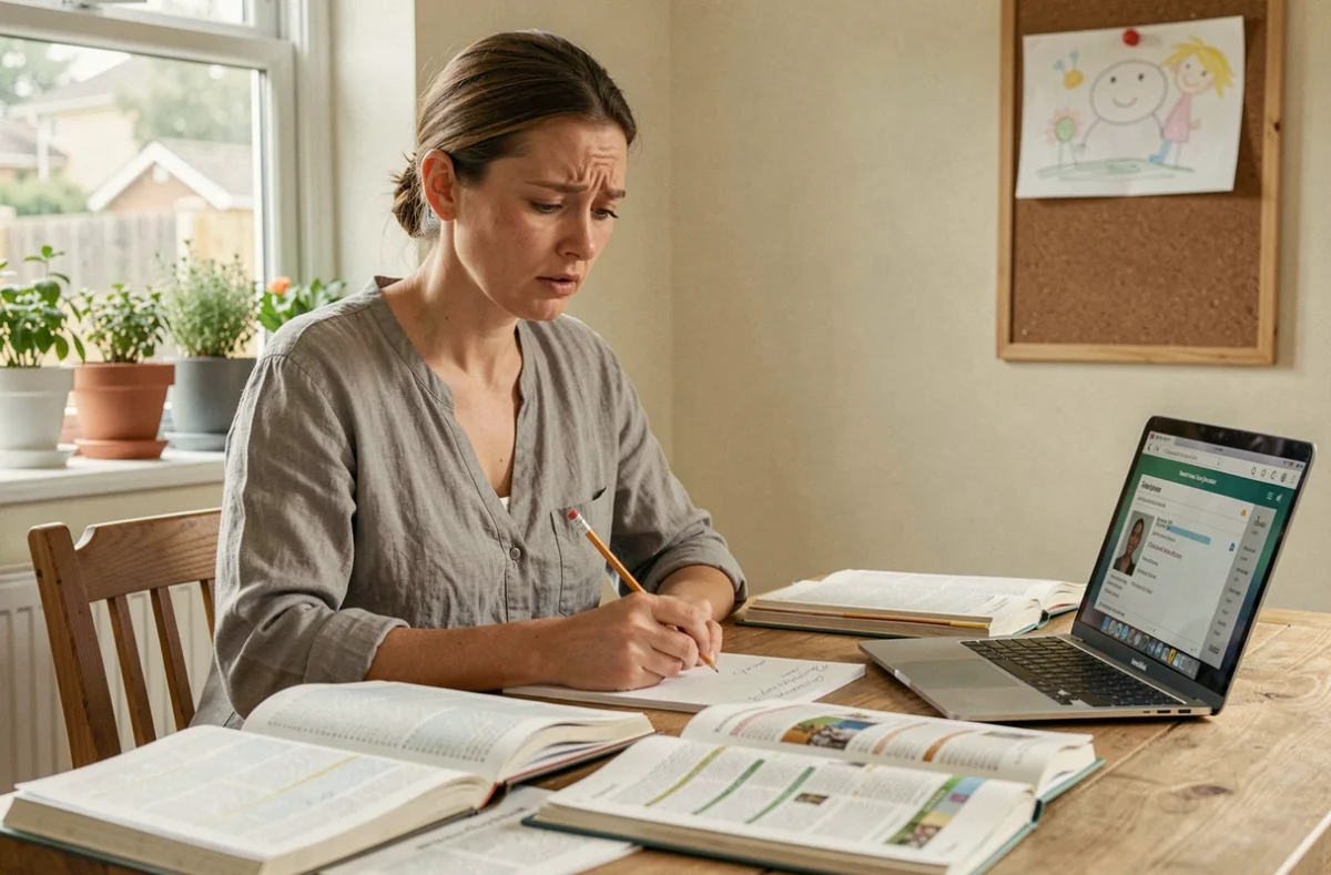 Mère supervisant l'apprentissage à domicile avec des manuels scolaires et un ordinateur portable sur la table de cuisine, illustrant les défis de l'enseignement alternatif