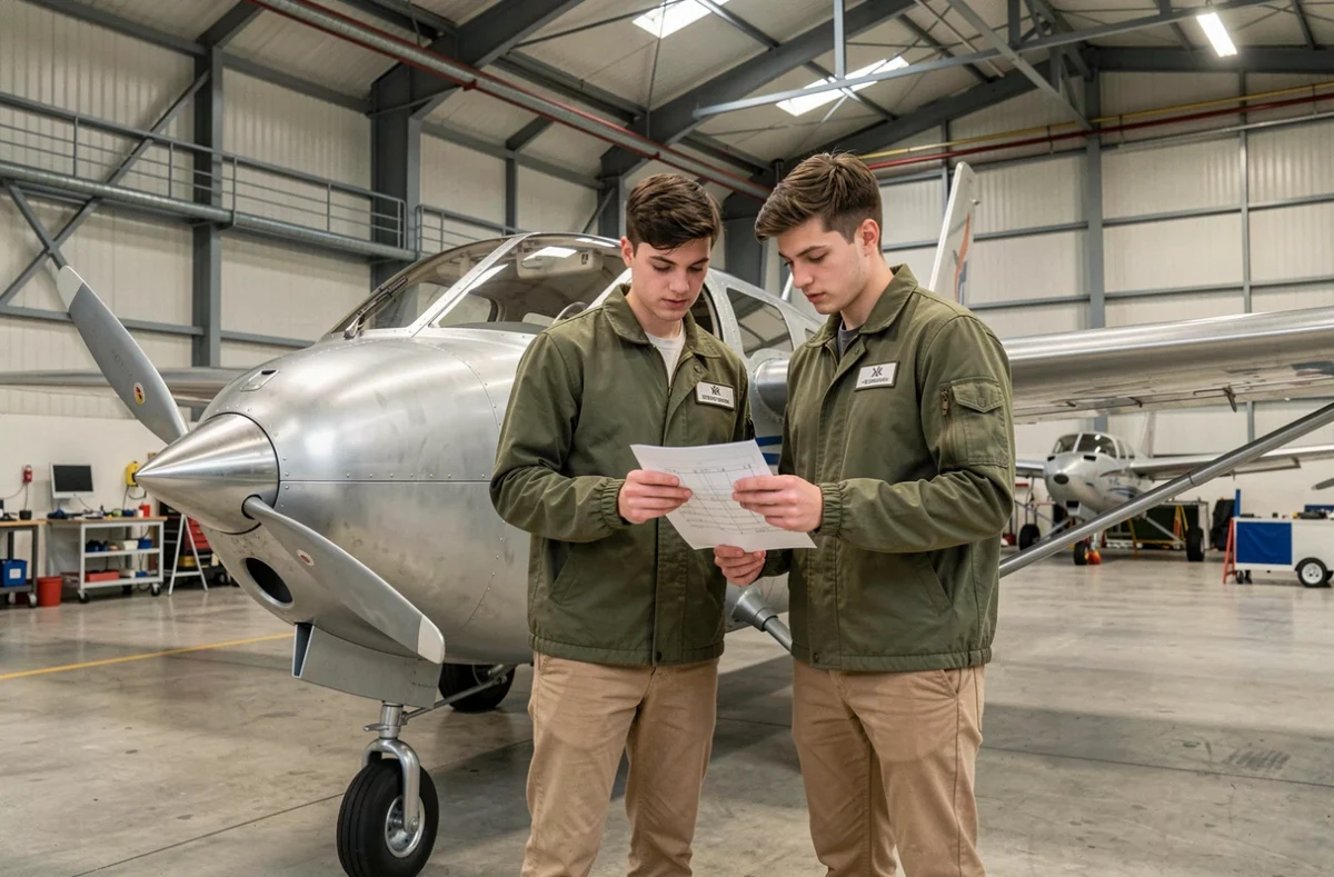 Étudiants de l'ESTACA Paris-Saclay examinant des documents techniques près d'un fuselage d'avion dans un hangar