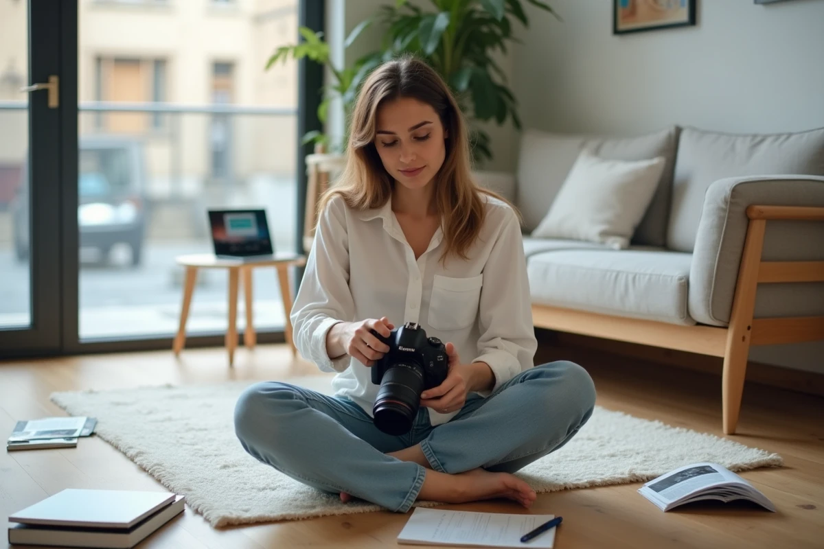 Jeune femme étudiant la photographie de manière autonome avec un appareil photo et des cours vidéo dans son appartement
