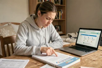 Jeune femme étudiant les 100 questions du code de la route sur un bureau avec des fiches imprimées