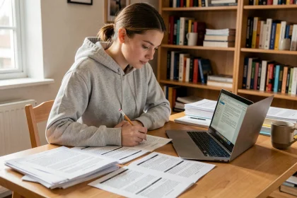 Jeune femme étudiant des questions de permis de conduire en PDF sur son bureau à domicile