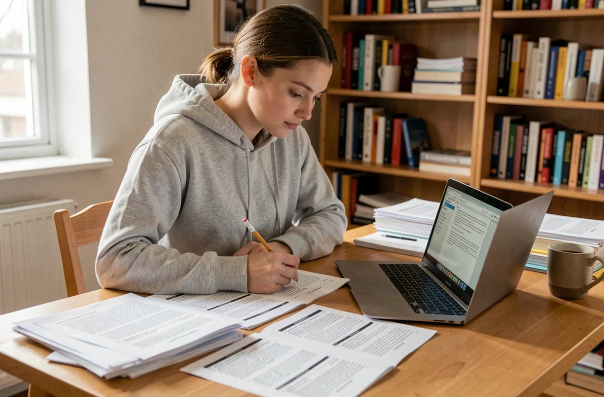 Jeune femme étudiant des questions de permis de conduire en PDF sur son bureau à domicile