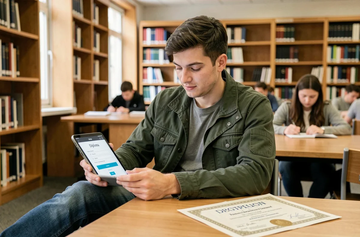 Étudiant téléchargeant son attestation de diplôme sur une tablette dans une bibliothèque universitaire