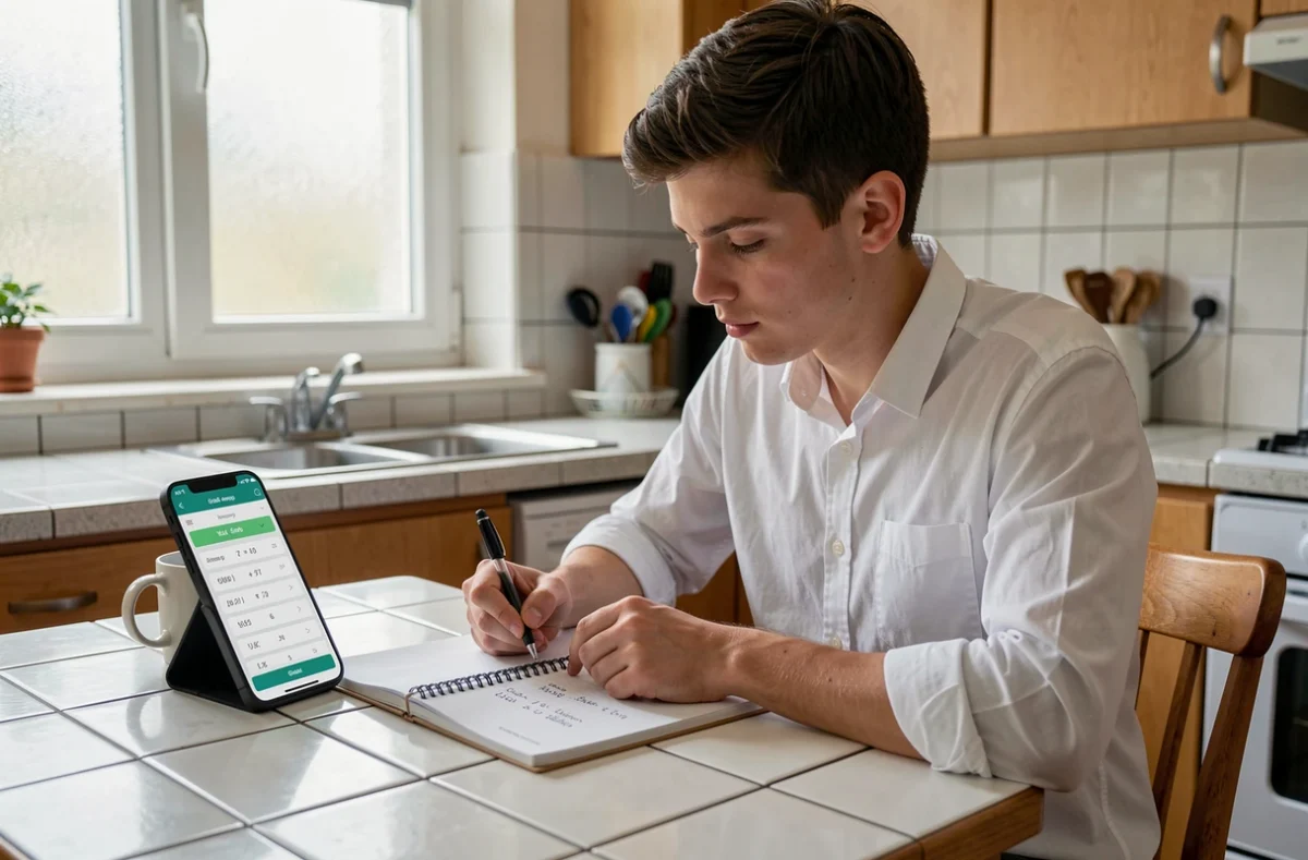 Étudiant calculant sa moyenne de notes avec une application sur smartphone à son bureau