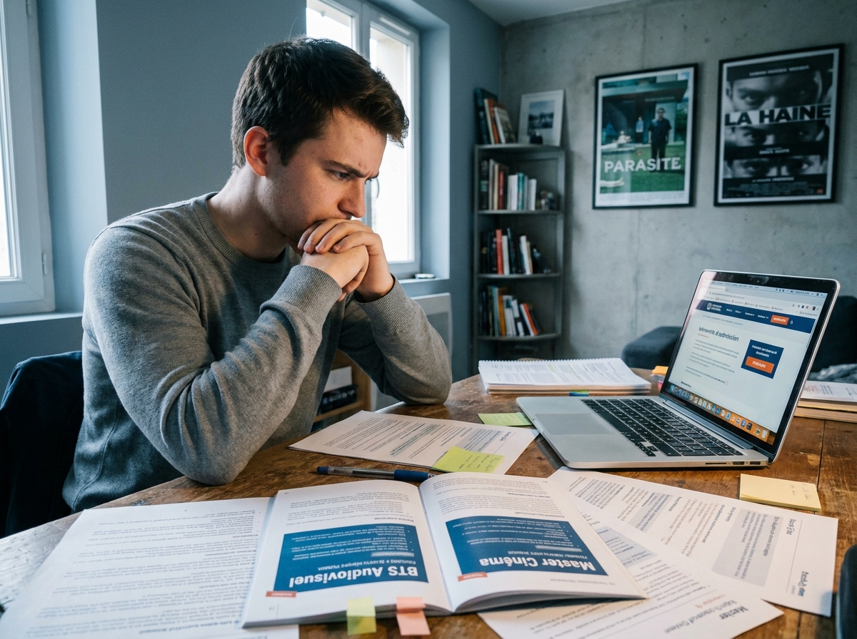 Étudiant comparant des programmes de formation cinéma courts et longs sur son bureau, entouré de brochures et guides d'études audiovisuelles