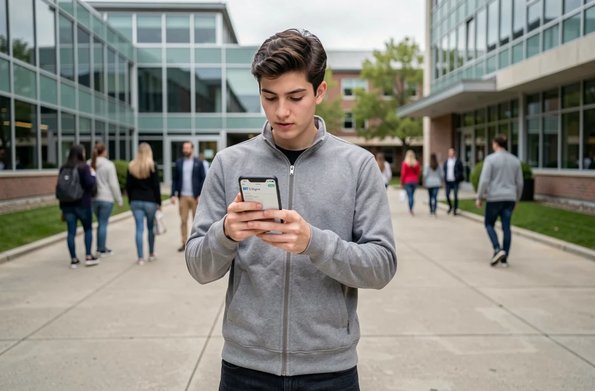 Étudiant consultant l'ENT Sigma sur smartphone dans la cour d'un campus universitaire au printemps 2026